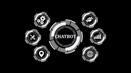 Poster - Futuristic illustration of chatbot technology with integrated icons representing functionality and support on a black background.
