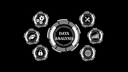 Poster - Data analysis concept represented with futuristic icons featuring gear, handshake, lock, charts, tools and globe arranged around a central text.