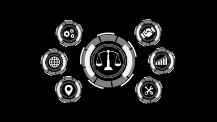 Poster - Futuristic legal technology concept representing justice business global operations and growth with multiple circular icons