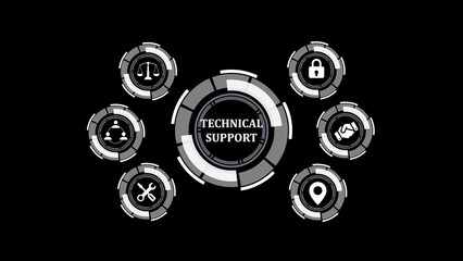 Poster - Technical support conceptual diagram with icons depicting solutions and services displayed on a black background illustrating assistance and information.