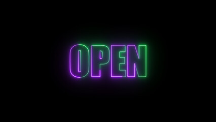 Poster - Vibrant neon sign spelling open on a black background perfect for retail shop openings and business advertisements