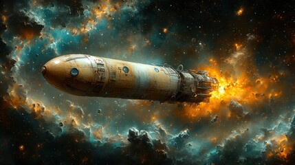 Wall Mural - A vintage spacecraft hurtling through a nebula of glowing cosmic clouds.
