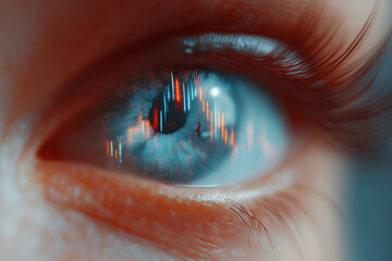 Poster - A close-up of a human eye reflecting digital data and colorful graphs, symbolizing technology and data analytics.