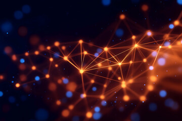 Leinwandbilder - A glowing network of interconnected orange lines and dots with blue light bokeh on a dark background.