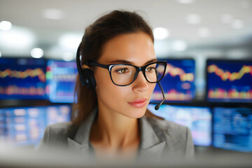 Aufkleber - Focused woman with headset and glasses working at multiple computer monitors displaying financial charts.