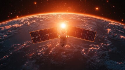 Wall Mural - Spacecraft orbiting a fiery planet at sunrise.