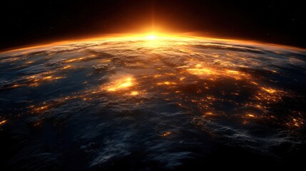 Wall Mural - Elevated perspective of a planet illuminated by sunrise.