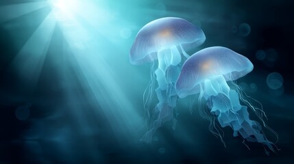 Aufkleber - Two bioluminescent jellyfish glide in parallel through the clear ocean, their glowing tendrils shimmering in the filtered sunlight above, creating a mesmerizing effect