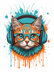  cool cat with headphones and glasses in colorful street art style on white background