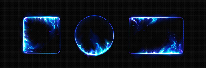 Poster - blue burning fire frames set - square, circle and rectangle shape borders with realistic flame, fier
