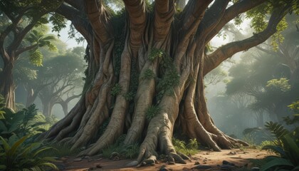 Massive tree trunk, thick with interwoven exotic foliage, jungle setting ,  wild,  biology