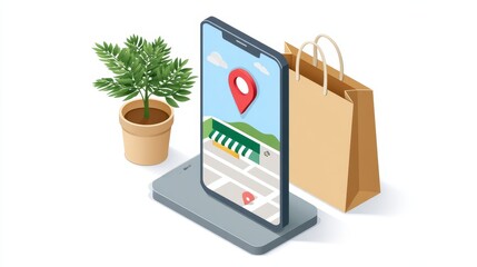 Poster - A smartphone displaying a map with a location pin, accompanied by a shopping bag and a potted plant.