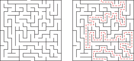 A complex maze with solution path illustrated against white background offering guidance