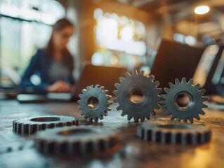 Poster - Business team connecting Gears symbolizing teamwork partnership and Innovation