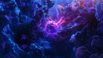 Poster - 3d render of a glowing neuron in a complex neural network with abstract science background featuring purple and blue color gradient
