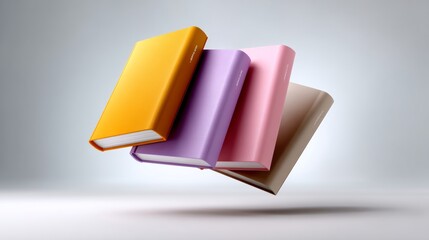 Poster - Four books are stacked on top of each other, with the top book being orange and the bottom book being pink. The books are arranged in a way that they appear to be flying through the air