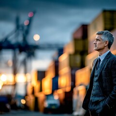 Poster - Contemplative Businessman in Suit Amidst Cargo Containers at Dusk, Reflecting on Global Logistics and Trade in a Modern Port Setting