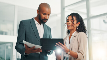 Aufkleber - Document, tablet and business people in office for project, planning and collaboration. Professional, teamwork and man with woman for meeting with digital tech for online report, research and website