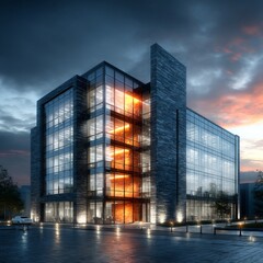 Poster - Modern Office Building at Dusk: A Blend of Glass, Stone, and Light Creating an Architectural Marvel