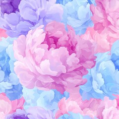 Wall Mural - A vibrant, seamless pattern of pastel peonies in pink, purple, and blue hues