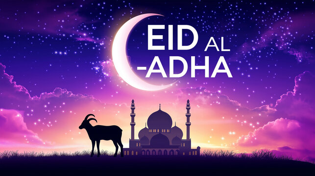 Eid Al Adha card design with a goat silhouette and mosque silhouettes on a dark blue background.