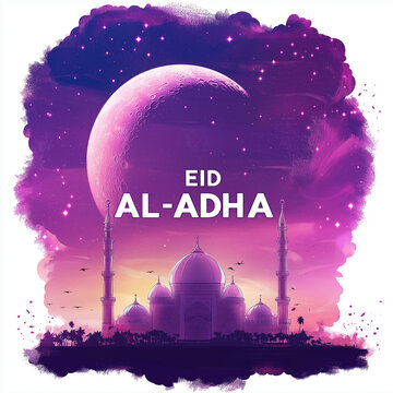 Eid Al Adha card design with a goat silhouette and mosque silhouettes on a dark blue background.