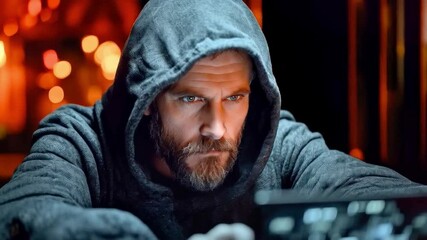 Fototapete - A focused individual wears a hoodie while intently observing a laptop in a dimly lit environment filled with glowing lights.