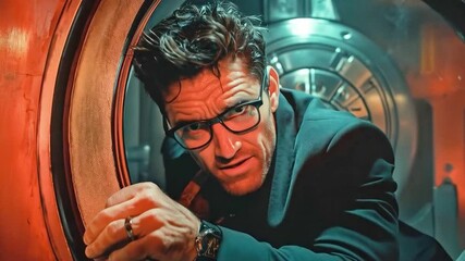 Fototapete - A cybersecurity professional is navigating through a metallic vault, focused on overcoming challenges related to data protection and firewall security.