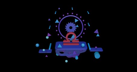 Poster - Red zodiac libra symbol on a pedestal of abstract geometric shapes floating in the air. Abstract concept art with flying shapes in the center. 3d illustration on black background