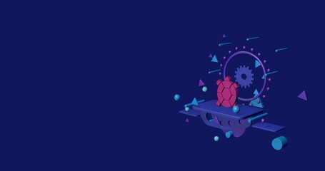 Poster - Pink turtle symbol on a pedestal of abstract geometric shapes floating in the air. Abstract concept art with flying shapes on the right. 3d illustration on indigo background