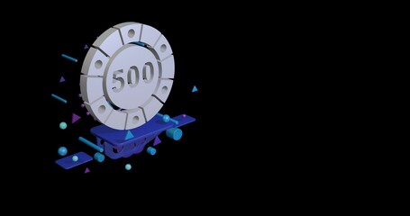 Poster - White poker chip symbol on a pedestal of abstract geometric shapes floating in the air. Abstract concept art with flying shapes on the left. 3d illustration on black background