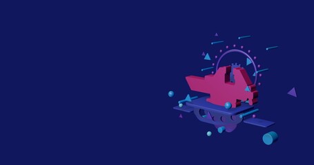 Poster - Pink vise symbol on a pedestal of abstract geometric shapes floating in the air. Abstract concept art with flying shapes on the right. 3d illustration on indigo background