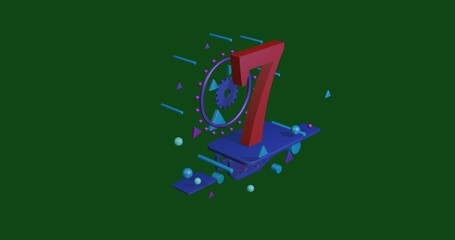 Poster - Red number seven symbol on a pedestal of abstract geometric shapes floating in the air. Abstract concept art with flying shapes in the center. 3d illustration on green background