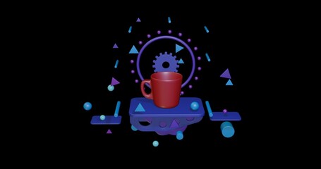 Poster - Red cup on a pedestal of abstract geometric shapes floating in the air. Abstract concept art with flying shapes in the center. 3d illustration on black background