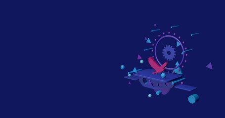 Poster - Pink eagle symbol on a pedestal of abstract geometric shapes floating in the air. Abstract concept art with flying shapes on the right. 3d illustration on indigo background