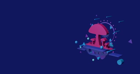 Poster - Pink mushrooms symbol on a pedestal of abstract geometric shapes floating in the air. Abstract concept art with flying shapes on the right. 3d illustration on indigo background