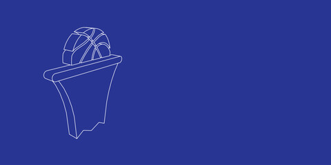 Poster - The outline of a large basketball symbol made of white lines on the left. 3D view of the object in perspective. Vector illustration on indigo background