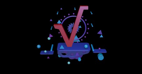 Poster - Red square root symbol on a pedestal of abstract geometric shapes floating in the air. Abstract concept art with flying shapes in the center. 3d illustration on black background