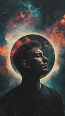 Wall Mural - Surreal portrait of a man with a glowing halo against a cosmic background.