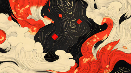 Aufkleber - A vibrant abstract design featuring swirling red and cream waves against a contrasting black background.
