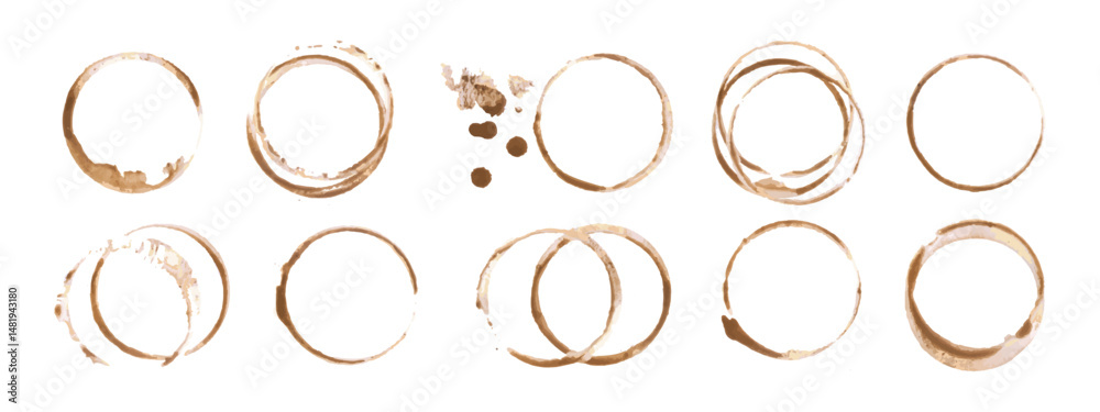 Coffee or tea stain drink cup rings vector illustration set isolated on ...