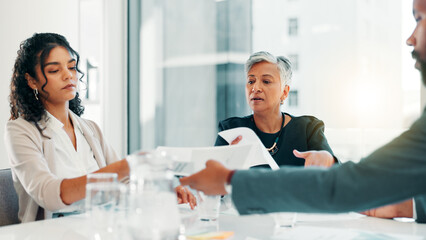 Aufkleber - Business, meeting and people with documents in office for budget review, finance forecasting or company performance. Financial analyst, teamwork and revenue report for capital allocation and planning