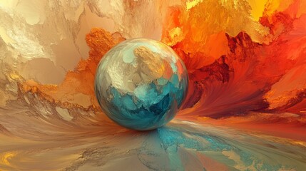 Poster - Futuristic abstract background featuring a central glowing sphere with 3d elements and gradient lighting effects, ideal for digital art, technology themes, and modern design concepts