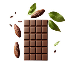 Poster - Delicious milk chocolate bar with fresh cacao beans and leaves arrangement
