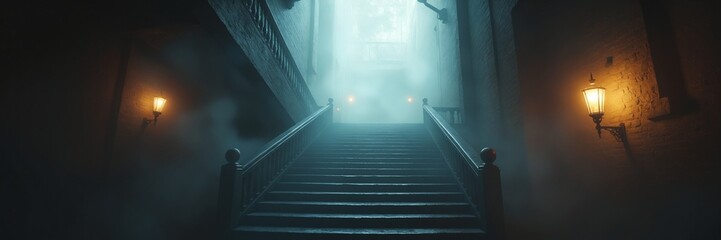 Poster - Mysterious Staircase in Fog with Warm Light Atmospheric Scene for Suspense Mystery and Fantasy