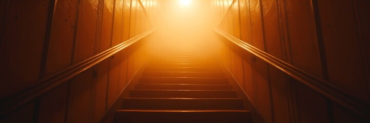 Poster - Mysterious Staircase in Fog with Warm Light Atmospheric Scene for Suspense Mystery and Fantasy