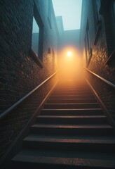 Poster - Mysterious Staircase in Fog with Warm Light Atmospheric Scene for Suspense Mystery and Fantasy