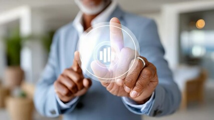 Poster - Man in a suit is pointing at a button with a bar graph on it. Concept of importance and focus on data analysis