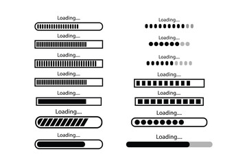 Poster - loading bar progress icons, load sign collections. Load bar, buffer loader, download or upload Horizontal bar icons. Loading status icon set. Progress indicator icons. Horizontal Load Indicators.