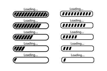 Poster - Pixel art loading bar concept. Loading bar, status Icons and Progress Bar icons Vector Set in black. Load bar, buffer loader, download or upload Horizontal bar icons. Progress indicator icon.